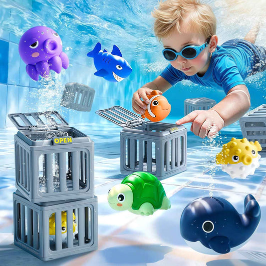 Exciting Kids Pool Diving Toy Set - 6 Cute Floating Animals & Dive Cages