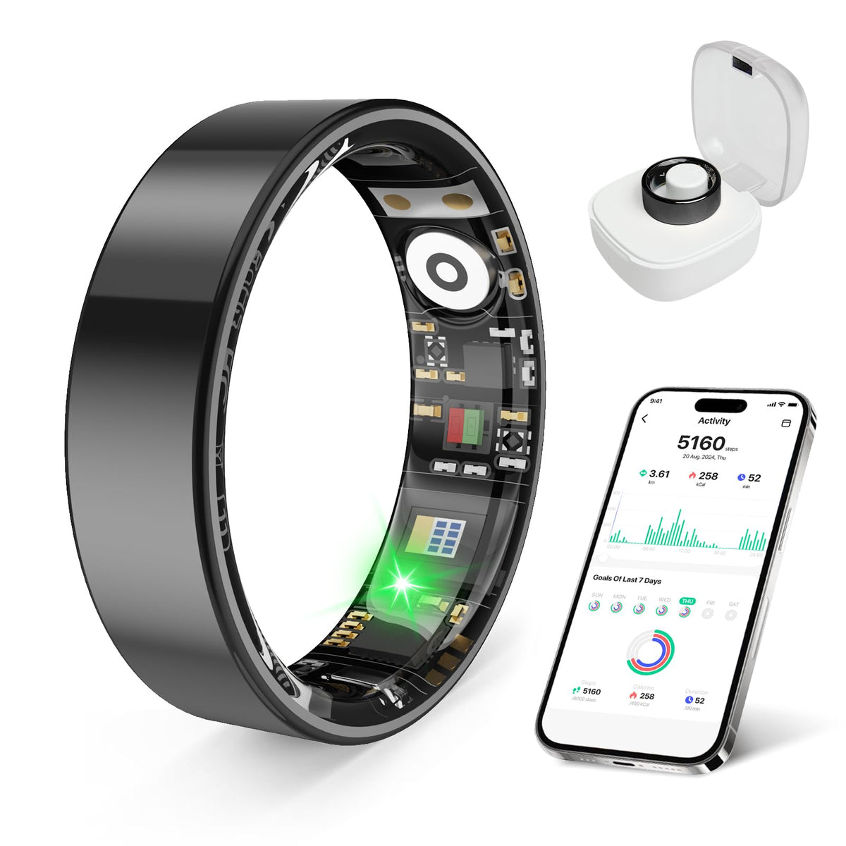 Smart Health Ring, Featuring Stress and Sleep Monitoring Functions, Compatible with iOS and Android,Waterproof Fitness Tracker for Women & Men, No Subscription Fee. (Silver, 9)