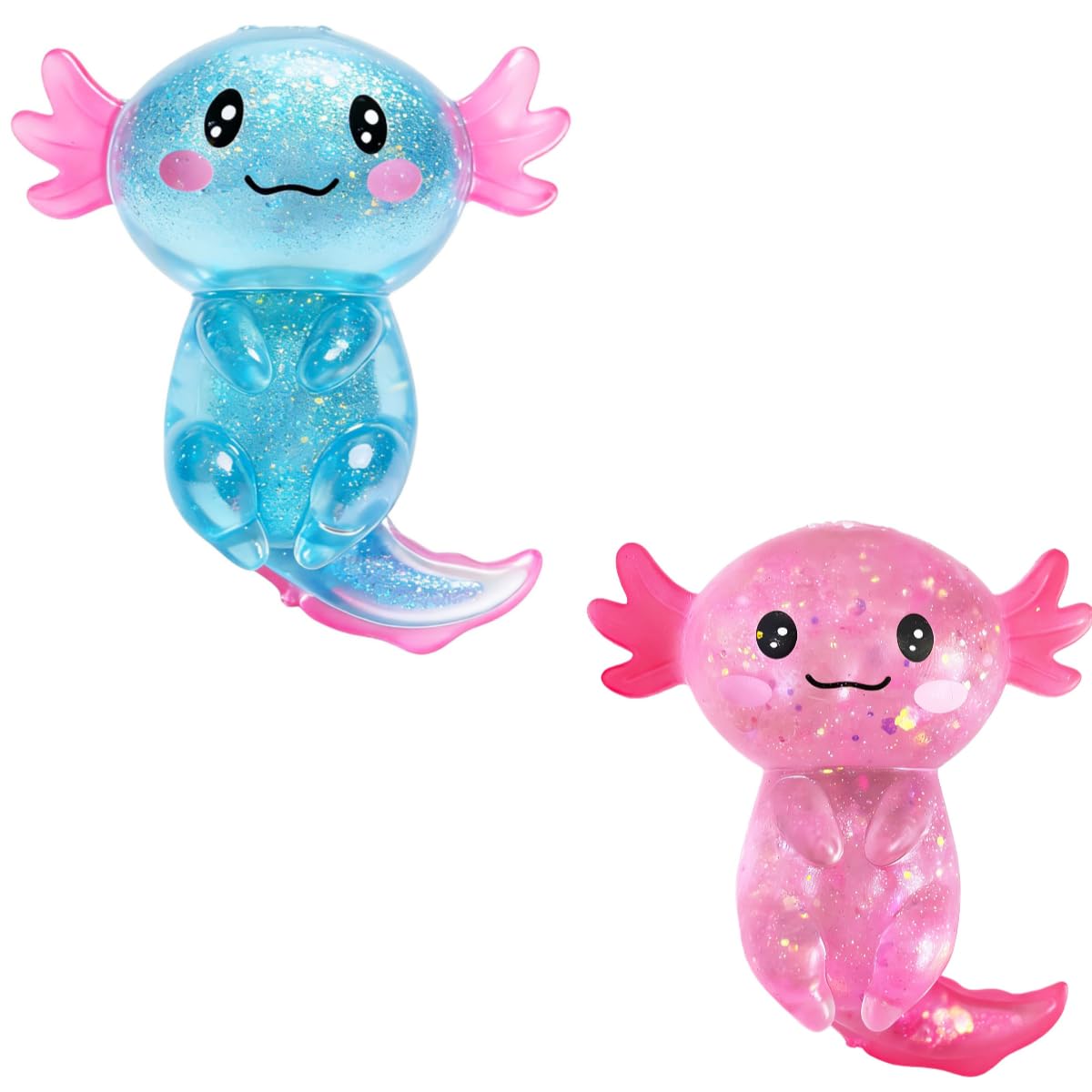2 Packs Axolotl Squishy Stress Relief Toy, Glitter Stretchy Axolotls Stress Soft Squeeze Sensory Fidget Toys for Kids Adults, Cute Axolotls Squishies Party Favors Classroom