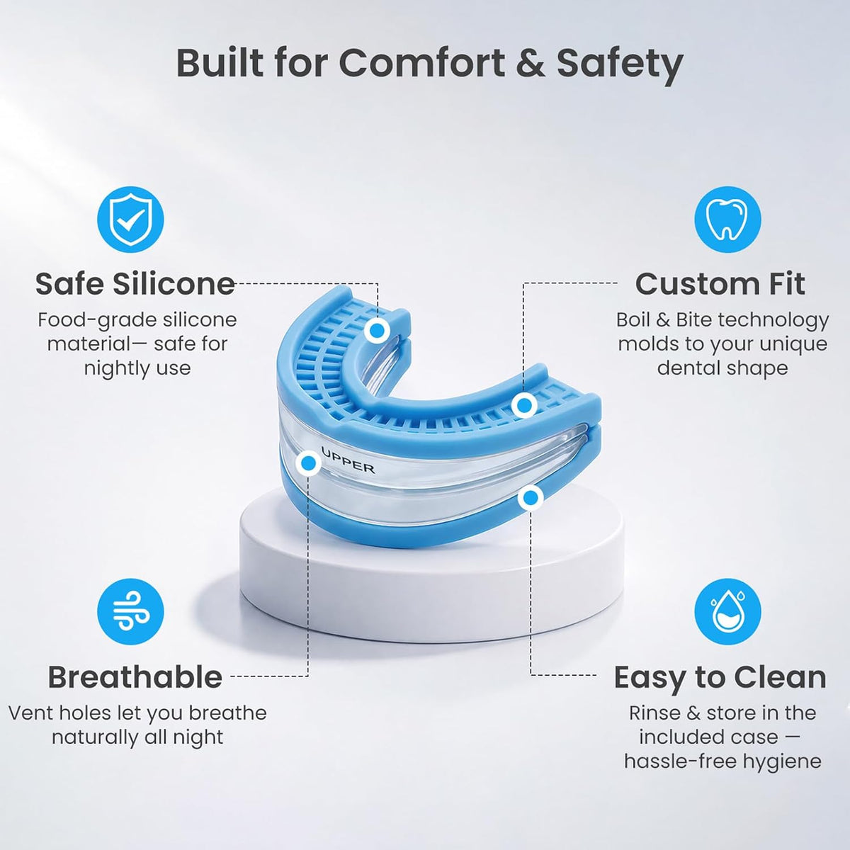 Anti Snore Mouthpiece - FDA-Registered Snoring Aid - Food-Grade Silicone - Boil & Bite Custom Fit Snoring Relief - Reusable with Storage Case - Helps Reduce Snoring for Quieter Nights (Blue)