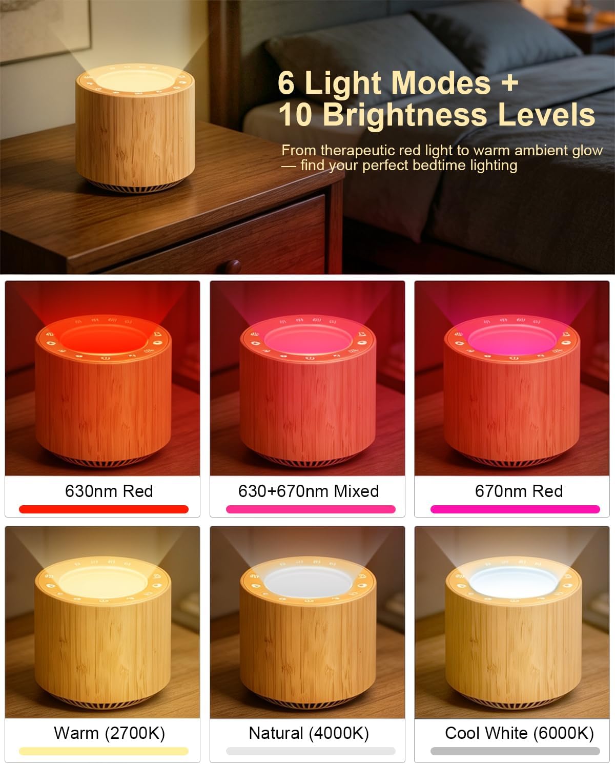 Wood Grain 670nm Red Light Therapy White Noise Sleep Sound Machine