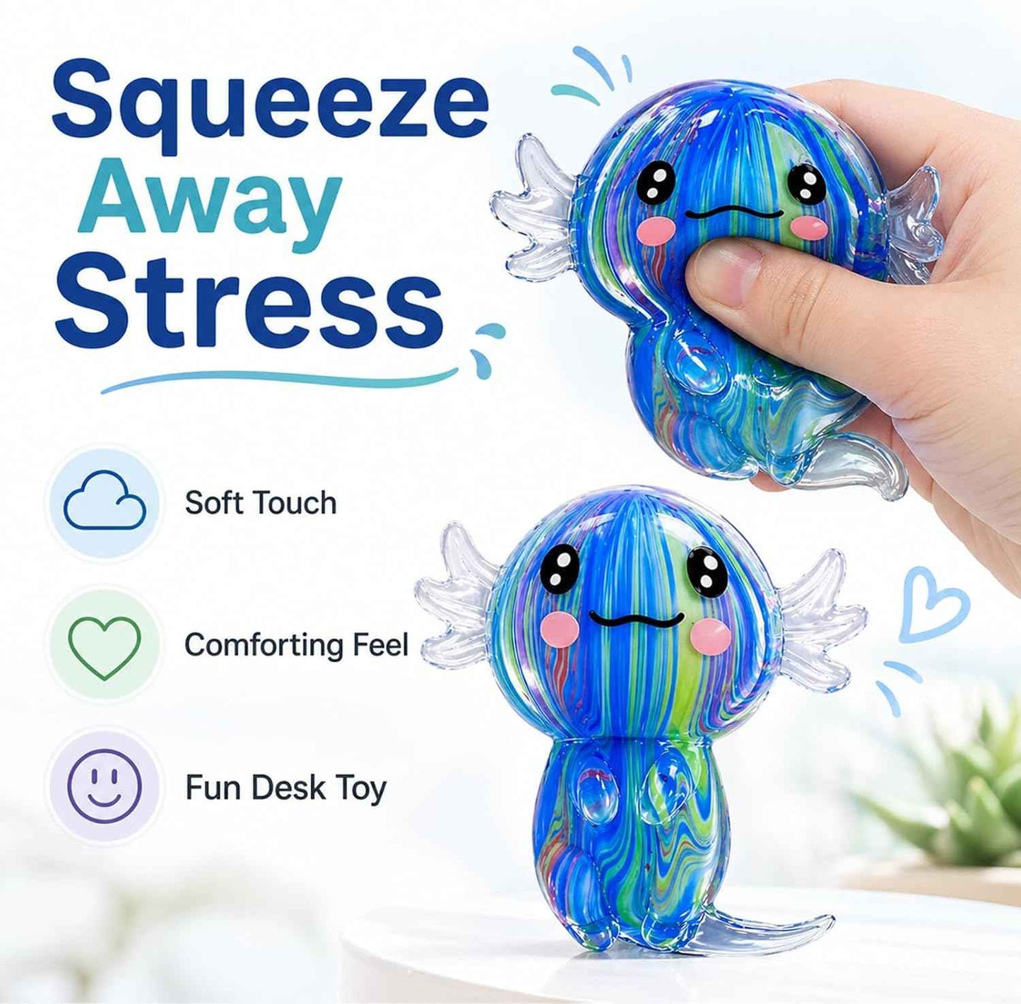2 Packs Axolotl Squishy Stress Relief Toy, Glitter Stretchy Axolotls Stress Soft Squeeze Sensory Fidget Toys for Kids Adults, Cute Axolotls Squishies Party Favors Classroom