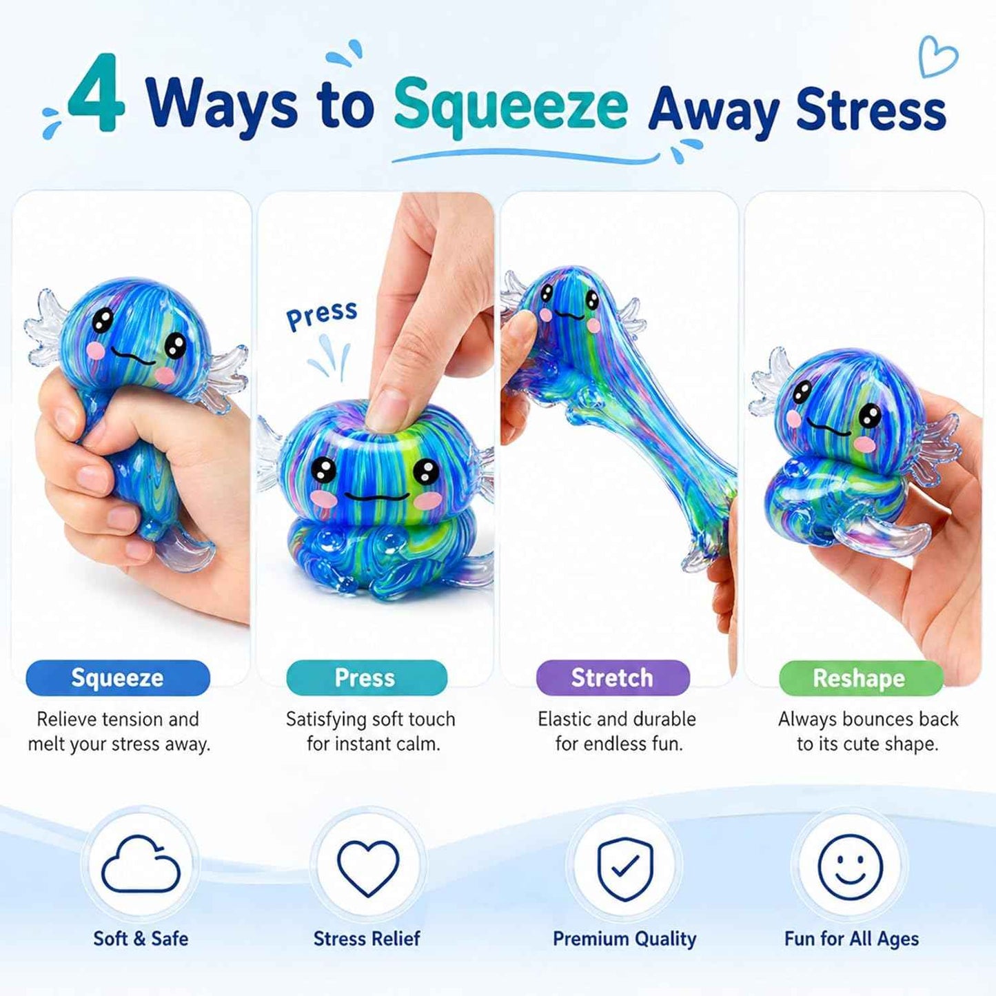 2 Packs Axolotl Squishy Stress Relief Toy, Glitter Stretchy Axolotls Stress Soft Squeeze Sensory Fidget Toys for Kids Adults, Cute Axolotls Squishies Party Favors Classroom