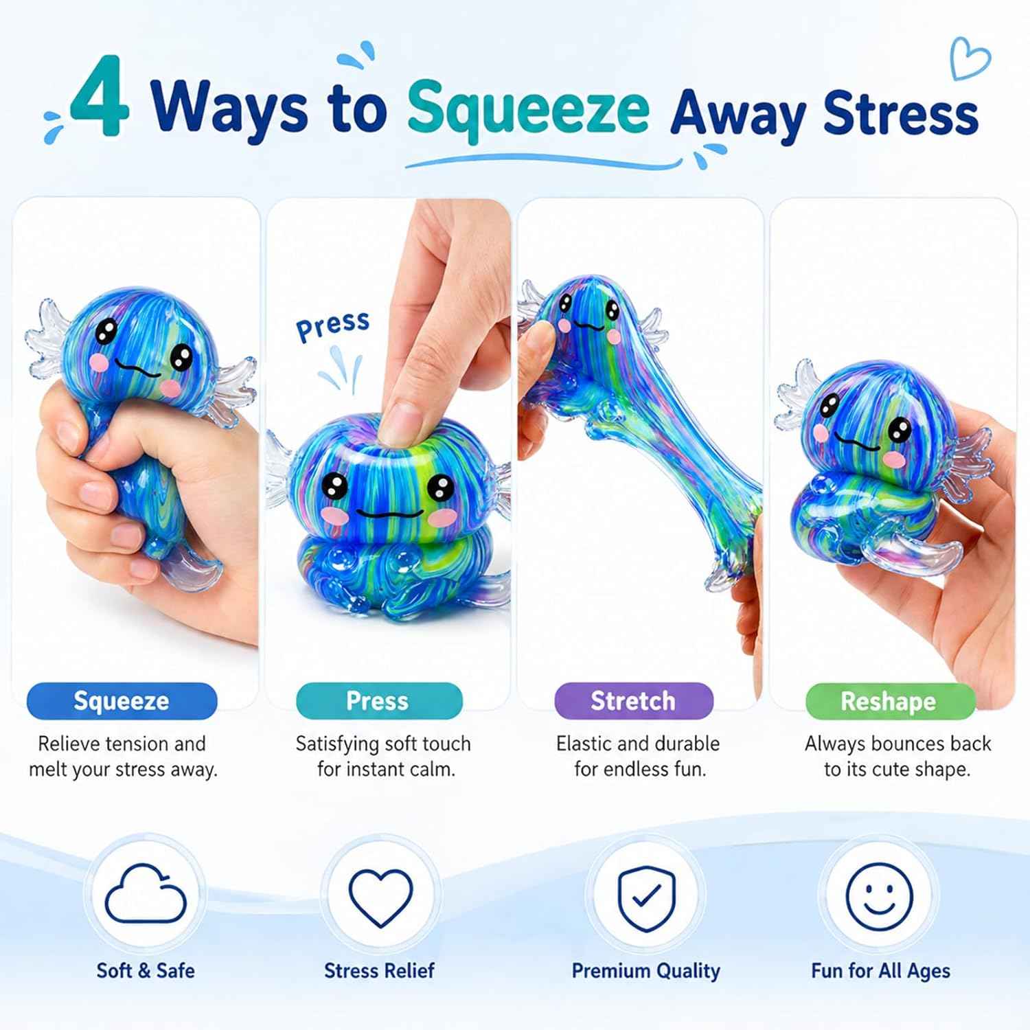 2 Packs Axolotl Squishy Stress Relief Toy, Glitter Stretchy Axolotls Stress Soft Squeeze Sensory Fidget Toys for Kids Adults, Cute Axolotls Squishies Party Favors Classroom