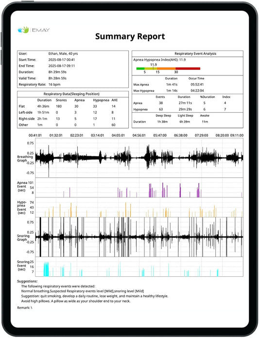 EMAY Sleep Breathing Monitor for Airflow Tracking | Record Breathing Continuously On the App | Monitor Sleep Quality and Respiratory Events | Generate Professional Sleep Report with Data Analysis