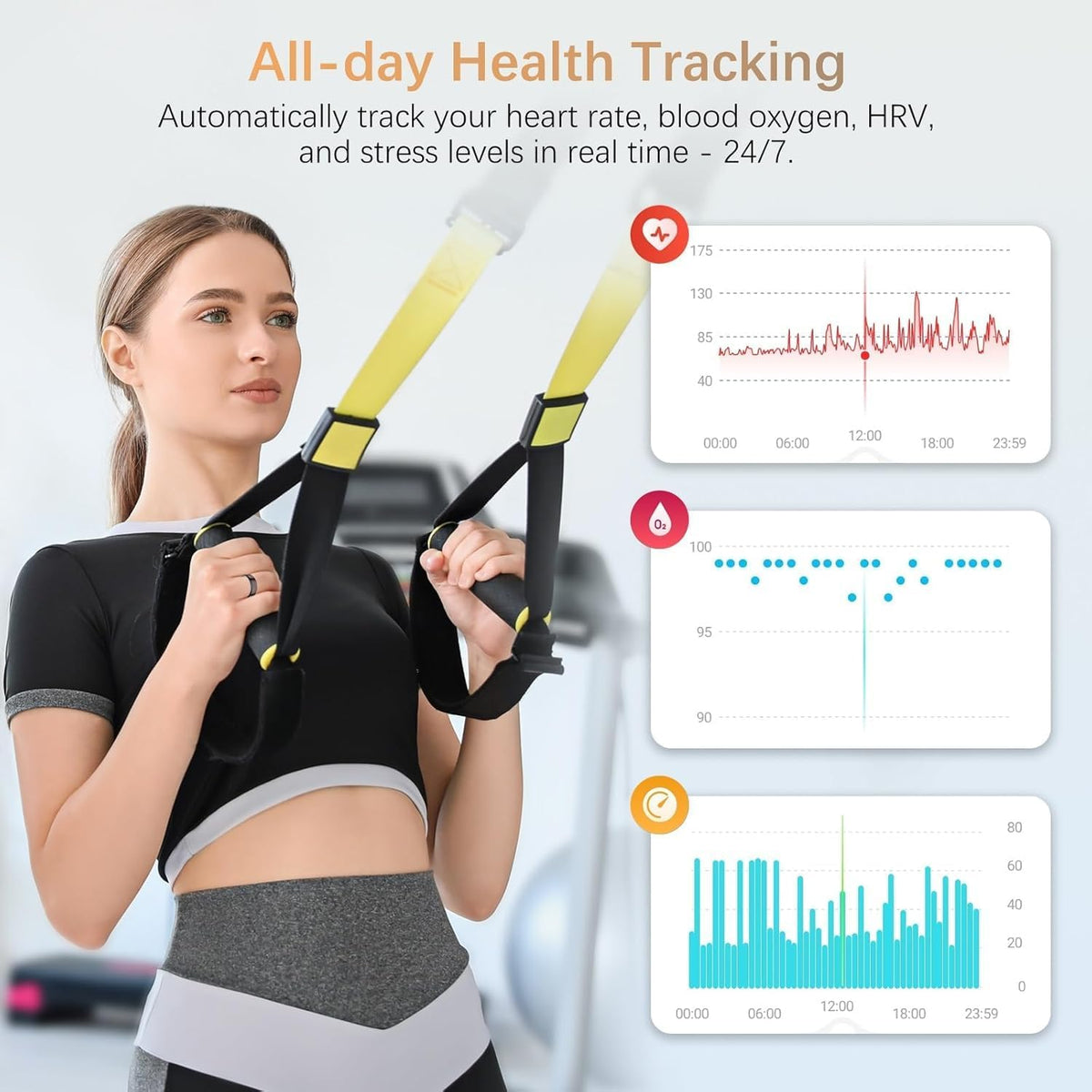 Fit Ring, Smart Health Rings for Women Men with Heart Rate,Blood Oxygen,HRV,Stress Level, Sleep Monitor, Step Tracker, No Subscription Fee, IP68 Waterproof Smart Ring for iphone &Android (Black, 8#)