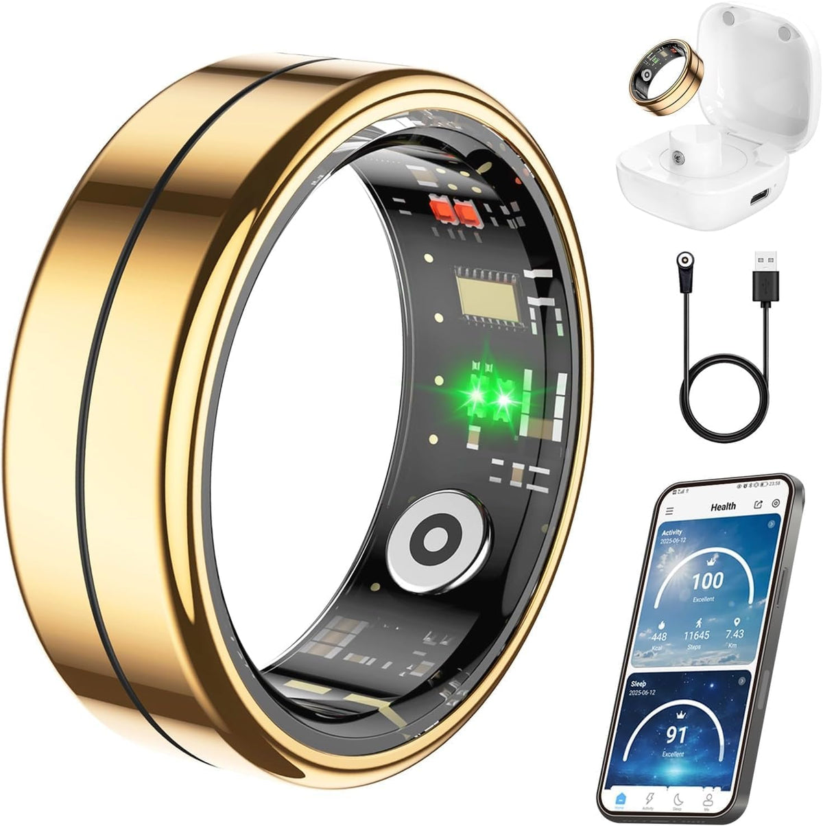 Fit Ring, Smart Health Rings for Women Men with Heart Rate,Blood Oxygen,HRV,Stress Level, Sleep Monitor, Step Tracker, No Subscription Fee, IP68 Waterproof Smart Ring for iphone &Android (Black, 8#)