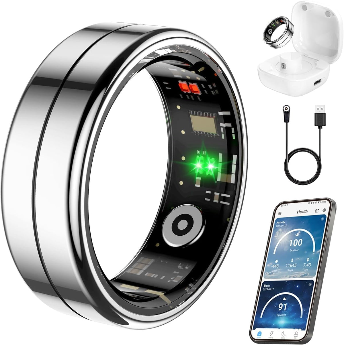 Fit Ring, Smart Health Rings for Women Men with Heart Rate,Blood Oxygen,HRV,Stress Level, Sleep Monitor, Step Tracker, No Subscription Fee, IP68 Waterproof Smart Ring for iphone &Android (Black, 8#)