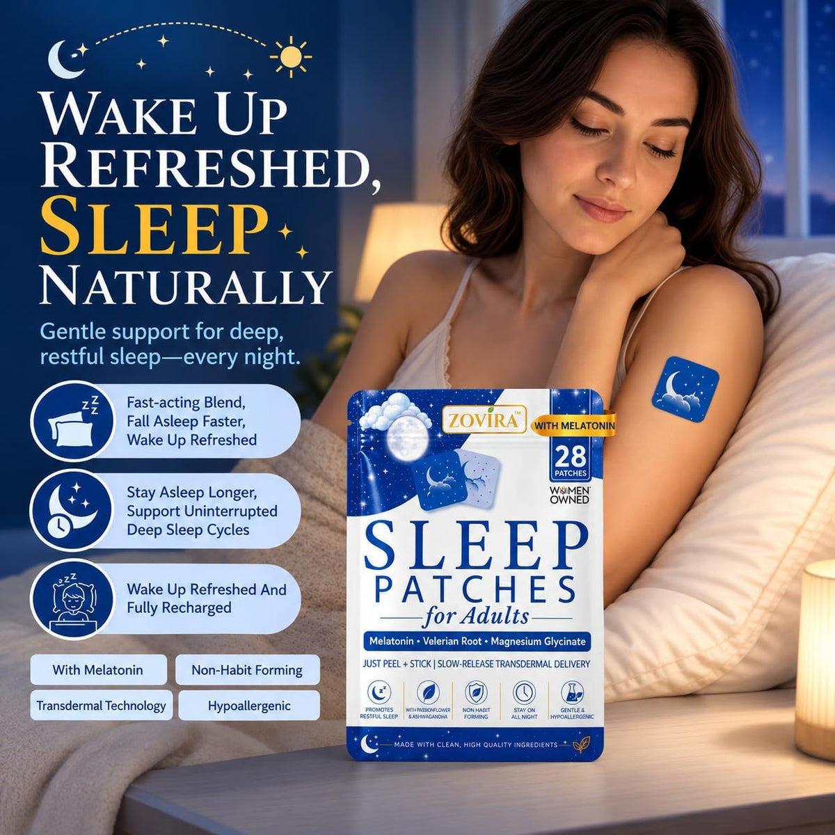 Sleep Patches for Adults — Extra Strength Melatonin & Magnesium Patch — Time-Release Sleep Aid Stickers — Non-Habit Forming, Hypoallergenic — 28 Transdermal Patches for Deep Rest & Relaxation