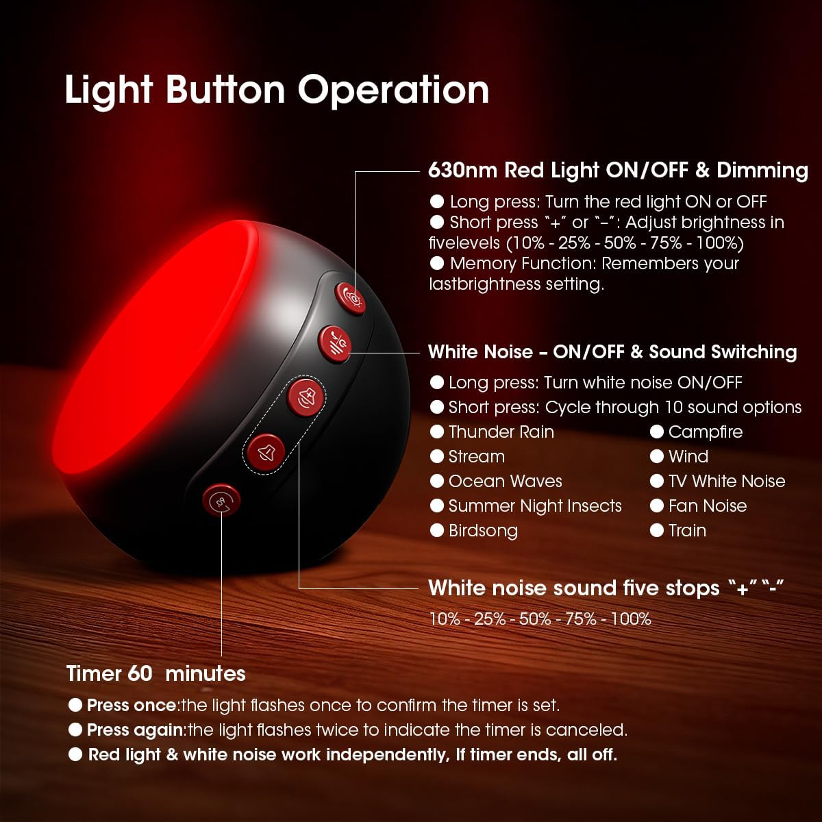 630nm Red Light Therapy Sleep Device, Red Night Light Lamp to Support Deep Relaxation and Improve Sleeping for Adult & Elderly Adults, Suitable for Gifts, Black (Built in White Noise)