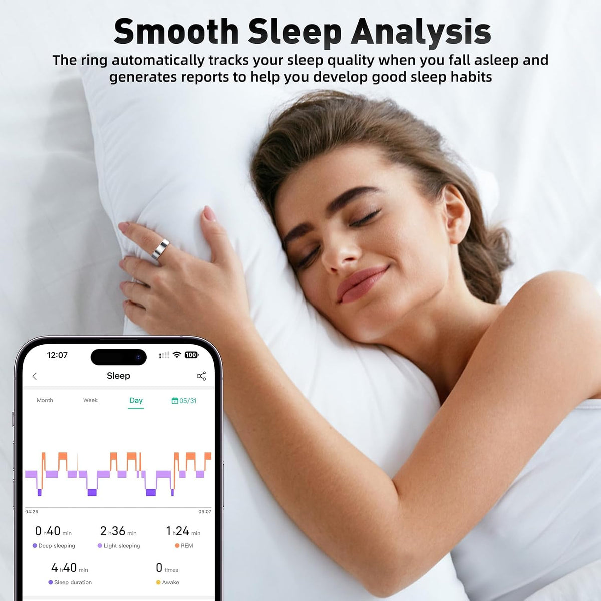 Smart Ring with Sleep Monitoring, Step Counting, Heart Rate, Blood Oxygen for iOS and Android, No Subscription Fee, IP68 Waterproof Health Tracker (Black, 8)