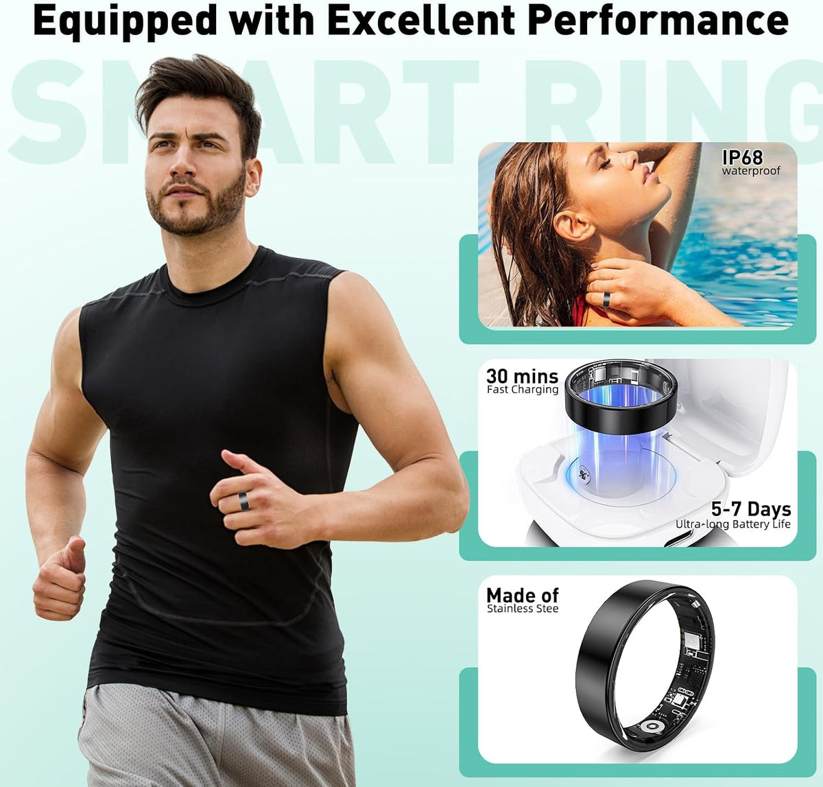 Smart Ring with Sleep Monitoring, Step Counting, Heart Rate, Blood Oxygen for iOS and Android, No Subscription Fee, IP68 Waterproof Health Tracker (Black, 8)