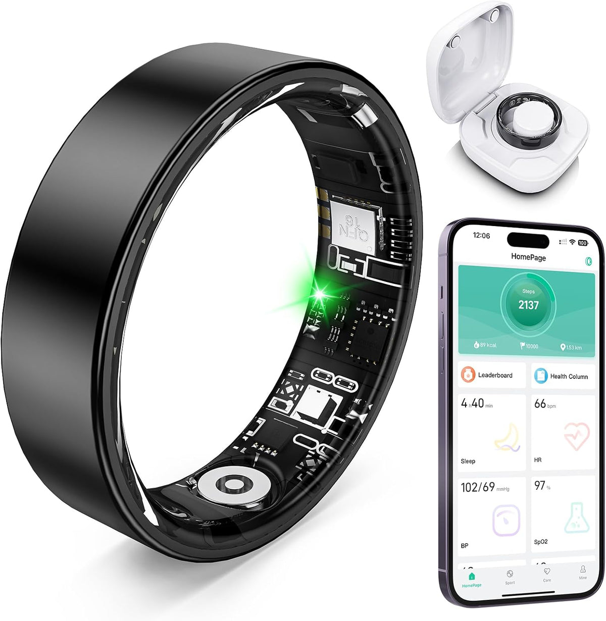 Smart Ring with Sleep Monitoring, Step Counting, Heart Rate, Blood Oxygen for iOS and Android, No Subscription Fee, IP68 Waterproof Health Tracker (Black, 8)