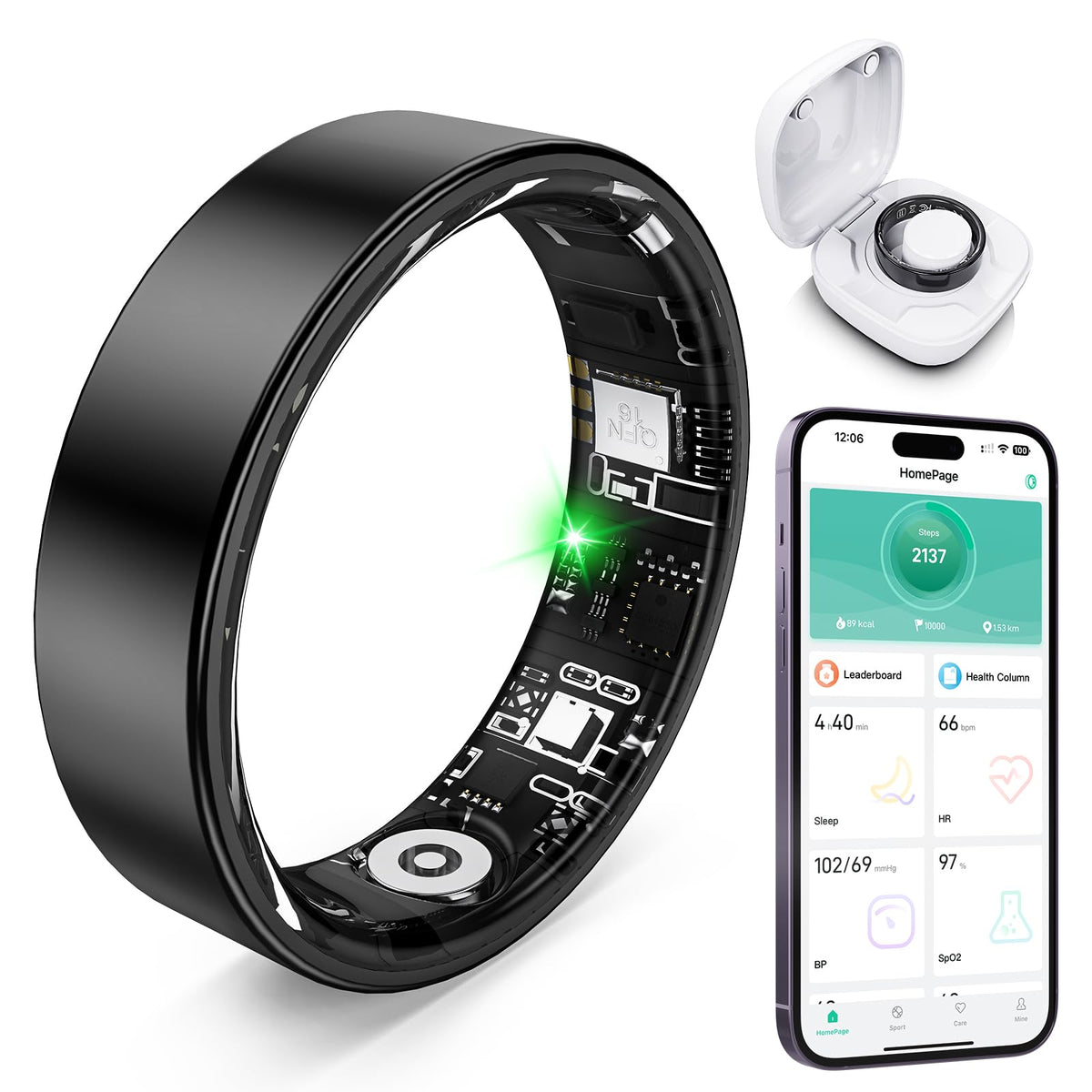 Smart Ring with Sleep Monitoring, Step Counting, Heart Rate, Blood Oxygen for iOS and Android, No Subscription Fee, IP68 Waterproof Health Tracker (Black, 8)