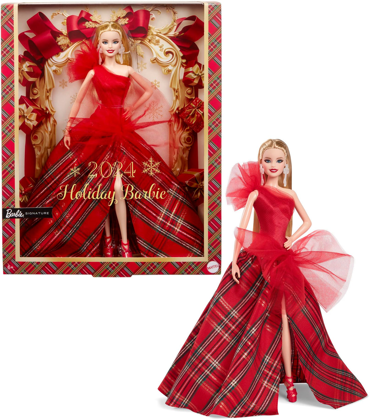 Barbie Signature 2024 Holiday Doll with Light Brown Hair in Plaid Gown, Collectible Toy in Displayable Packaging