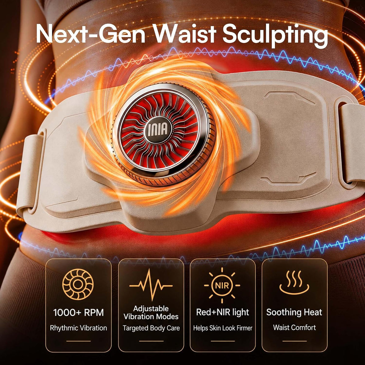 INIA TURBO Ab Vibration Belt for Belly Toning, Waist Trainer for Women Gold