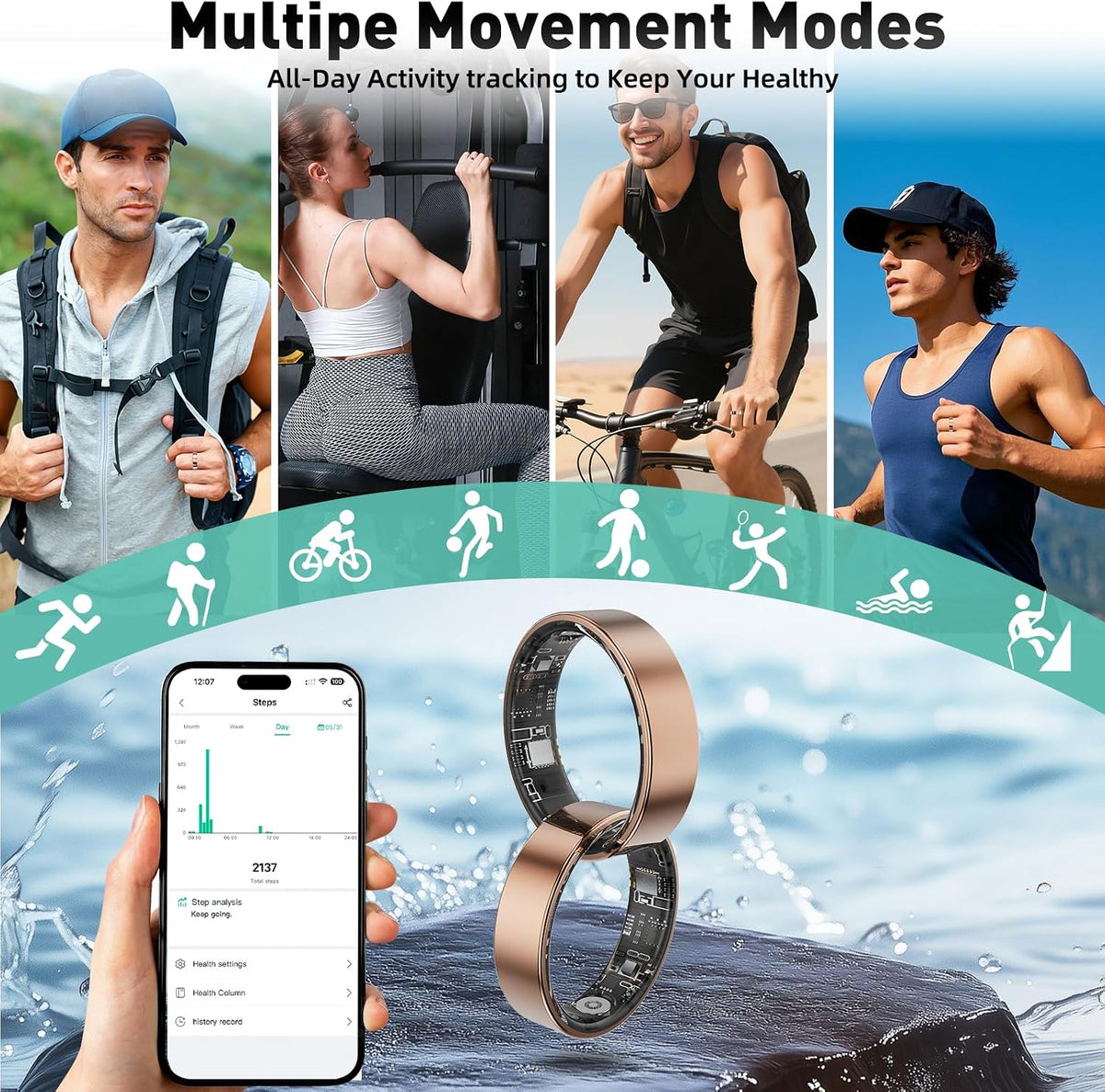 Smart Ring with Sleep Monitoring, Step Counting, Heart Rate, Blood Oxygen for iOS and Android, No Subscription Fee, IP68 Waterproof Health Tracker (Black, 8)