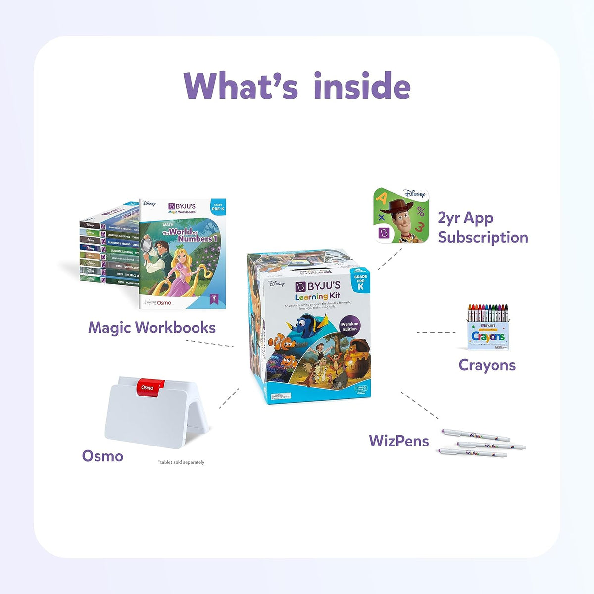 BYJU’S Learning Kit: Disney, Pre-K Premium Edition (App + 9 Workbooks) - Preschool, Ages 3-5, Featuring Disney & Pixar Characters- Learn Numbers, Letters, Shapes & Colors- Osmo Fire base included