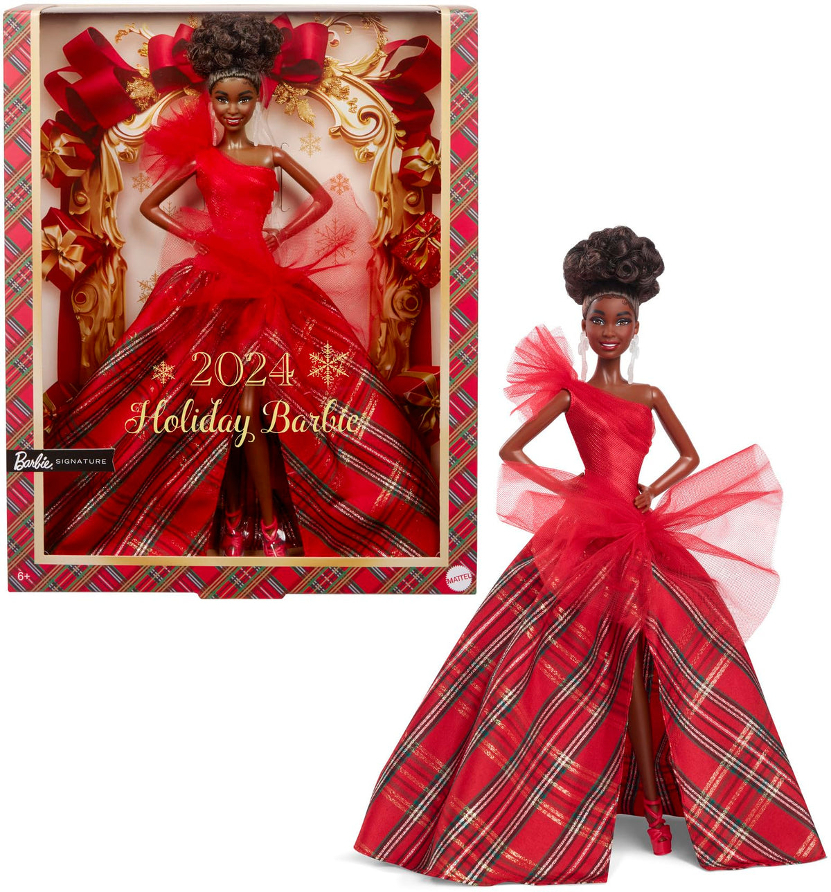 Barbie Signature 2024 Holiday Doll with Light Brown Hair in Plaid Gown, Collectible Toy in Displayable Packaging