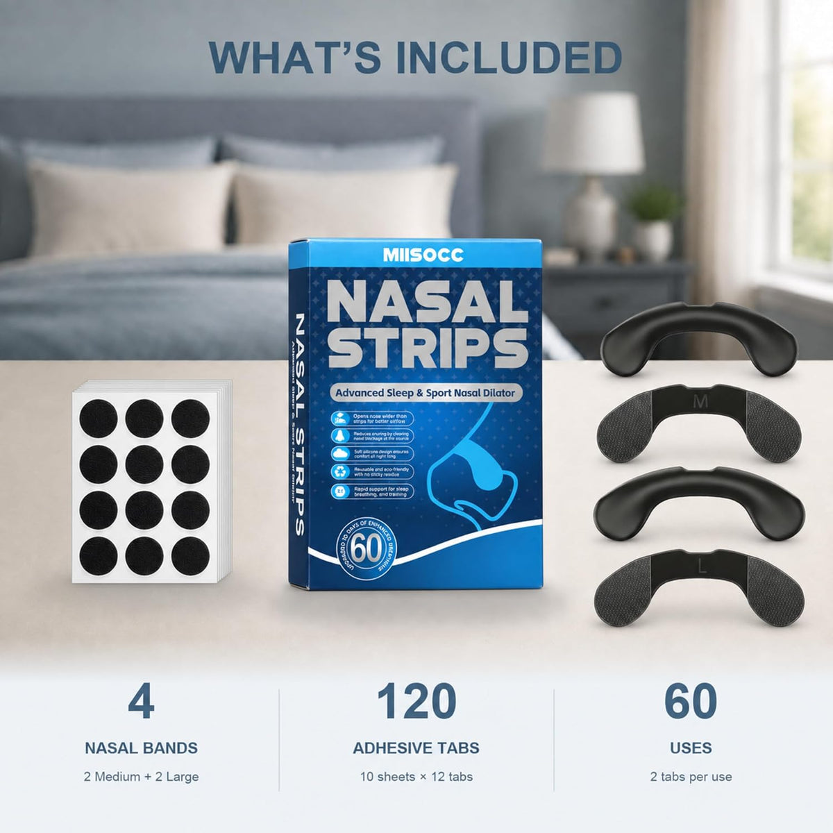 Reusable Nasal Strips for Breathing and Snoring, 4 Bands (2 M + 2 L) and 120 Adhesive Tabs, 60 Uses