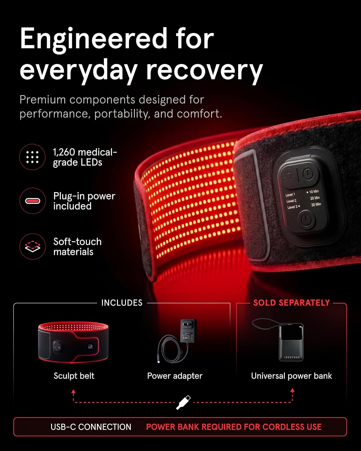 iRESTORE Sculpt LED Belt - FDA-Cleared Red Light Therapy Belt for Body Contouring, Slimming and Muscle Recovery, Near Infrared Light Therapy Wrap for Body, Waist, Thighs, Shoulder & Back Pain Support