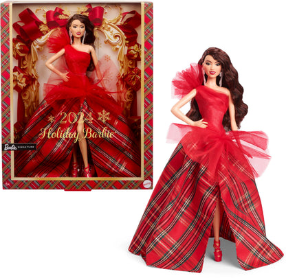 Barbie Signature 2024 Holiday Doll with Light Brown Hair in Plaid Gown, Collectible Toy in Displayable Packaging